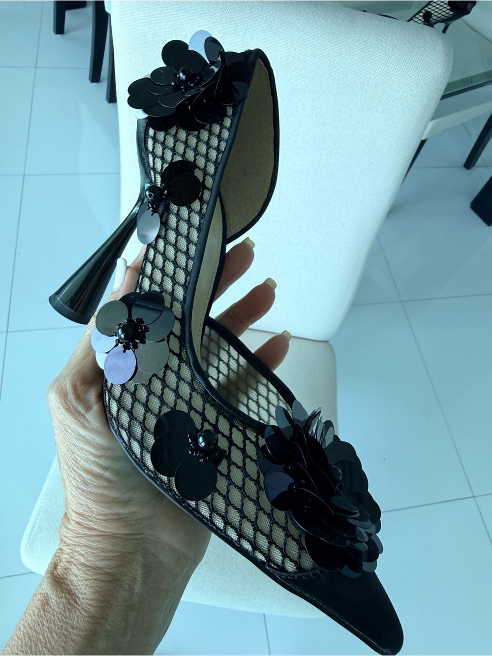 Betsey Johnson Black Floral Sequin Pointed Toe Pumps with Mesh Sides - Picture 6 of 7
